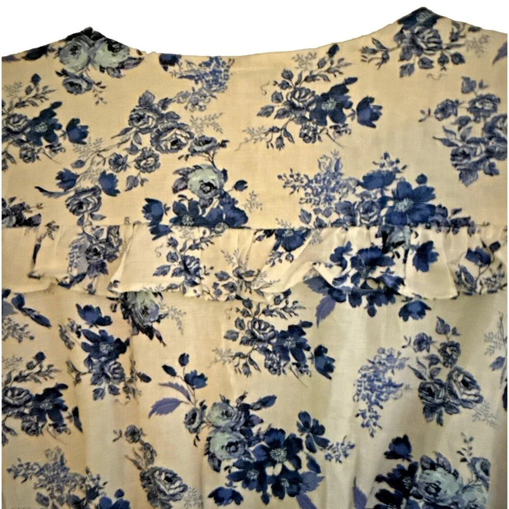 Cupcakes & Cashmere Jerome Cropped Linen Top Womens Sz S Blue Toile Puff Sleeve